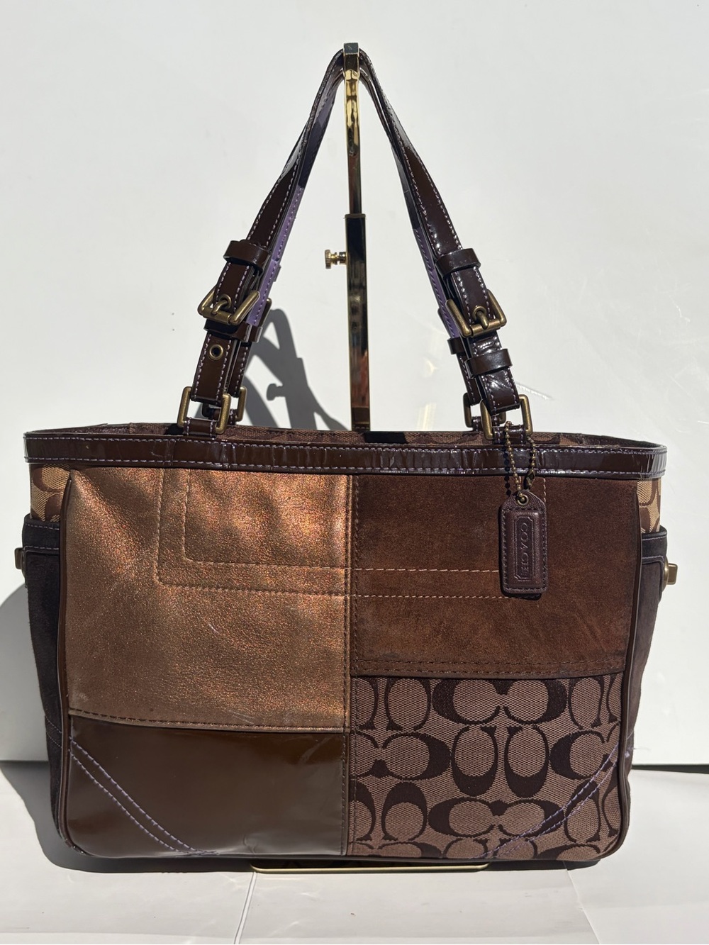 Coach Patchwork Gallery Tote Bag Brown Canvas Leather Suede Shoulder Purse Y2K